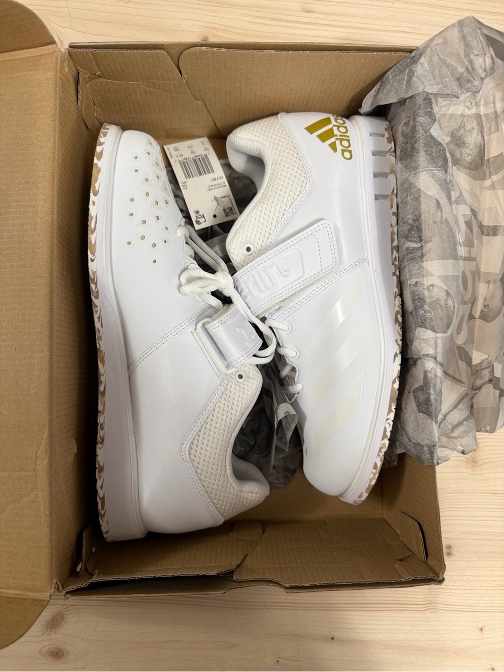 adidas White Powerlift 3.1 Shoes with Gold Accents